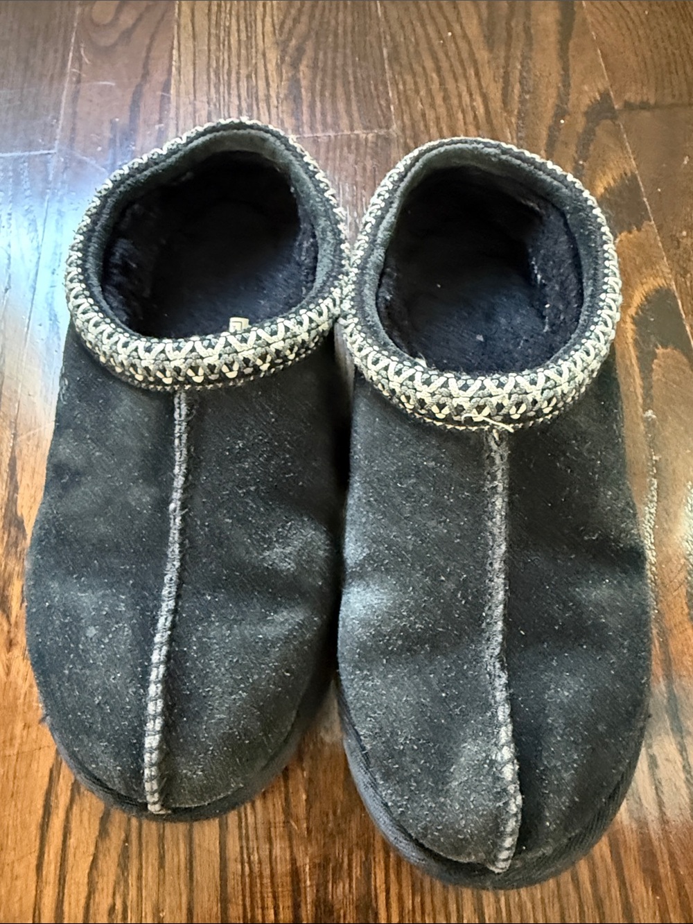 UGG Kids Black Suede Slip-On Slippers with Decorative Trim